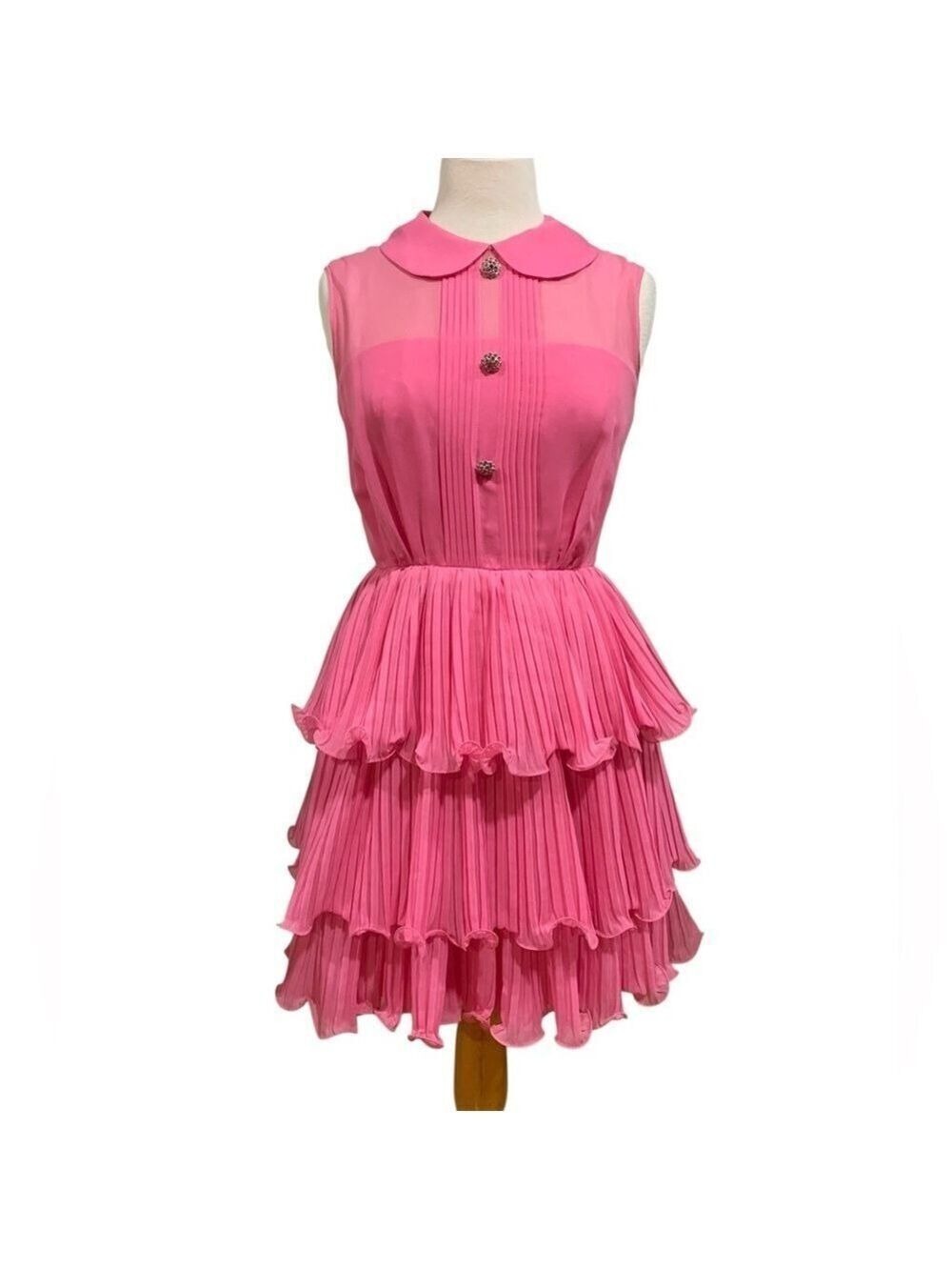Vntg 60’s pink sleeveless tiered ruffle skirt midi dress with Peter Pan collar